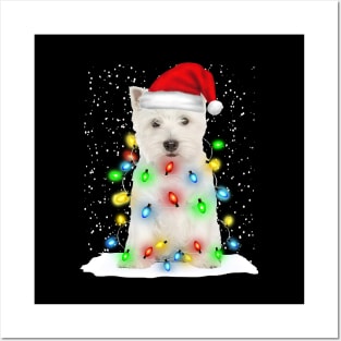 West Highland White Terrier Christmas Santa Hat Xmas Tree Color Lights Posters and Art